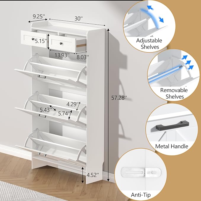 Thacuok Shoe Cabinet with 3 Flip Drawers & 2 Storage Drawers, Rustic Farmhouse Narrow Shoe Organizer Cabinet, Slim Shoe Rack Cabinet, Shoe Storage Cabinet for Entryway, Hallway, Front Door