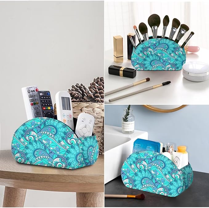 Floral Print Remote Control Holder with 5 Compartments, PU Leather Office Desk Organizers - Couch/TV Cabinet/Bedside Table Accessory - Space Saving Desktop Caddy