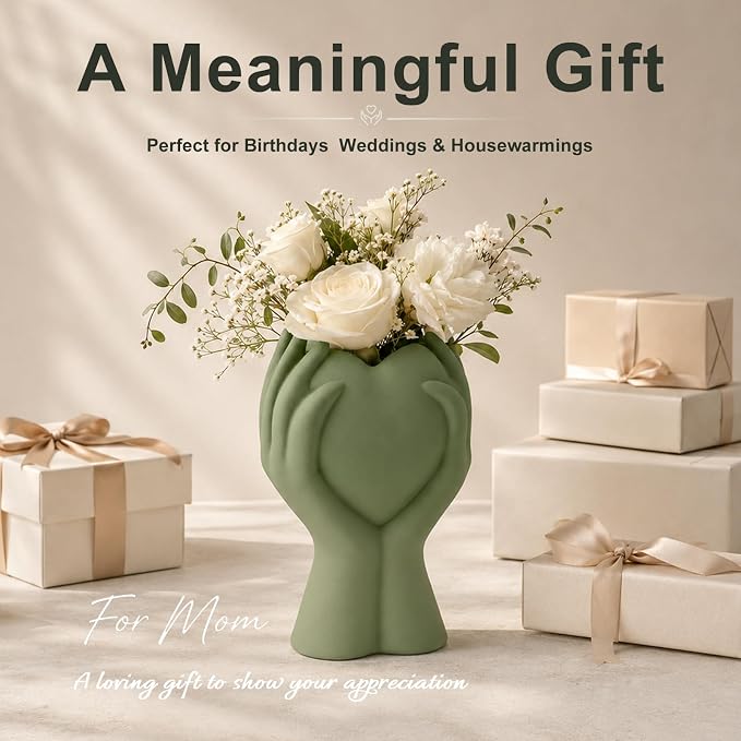 8 Inch Heart Hand Green Ceramic Vase - Unique Modern Aesthetic Flowers Vase for Living Room Bedroom Office Kitchen Table Centerpiece or Shelf Decor - Gifts for Wedding Bridal Shower Women Mom (Green)