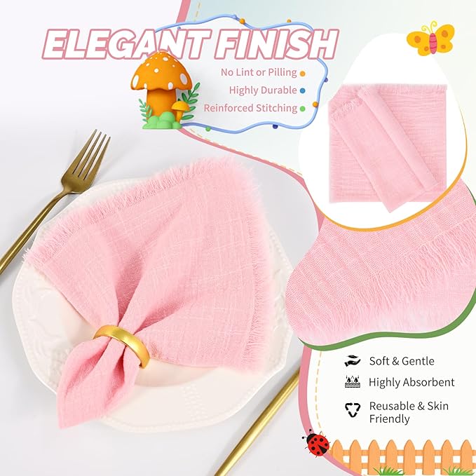Showgeous 10 Pack Pink Cloth Napkins with Fringe 16x16 inch 100% Cotton Pink Napkins Handmade Dinner Napkins Bulk Washable Soft Rustic Table Napkins for Wedding Parties Bridal Baby Shower