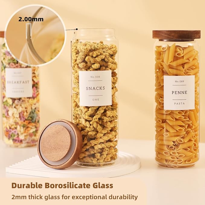 3 Pack Glass Canisters with Airtight Acacia Lids and 132 Kitchen Pantey Labels Preprint - 45 Fl Oz Borosilicate Glass Pantry Storage Jars Containers with Wooden Lids for Tea,Sugar,Cookie,Coffee,Nuts