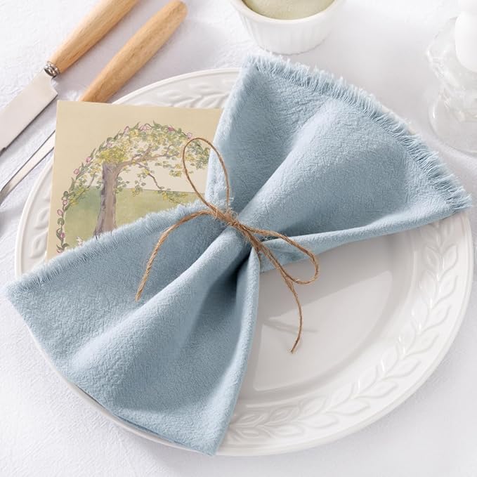 DeZerlor 6 Pack Grey- Blue Cotton Linen Napkins with Fringe Summer Cloth Napkins Set of 6 Boho Handmade Dinner Napkins Bulk for Wedding Bridal Baby Shower Parties, 17 x 17 Inches