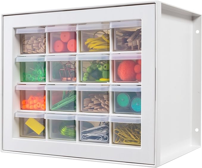 IRIS USA 16-Drawer Small Drawer Organizer, Made in USA, Stackable Teacher Toolbox for Crafts, Art Supplies, Nuts, Bolts, Building Bricks, Drink Mix & Water Flavor Packets, Make Up Storage,White