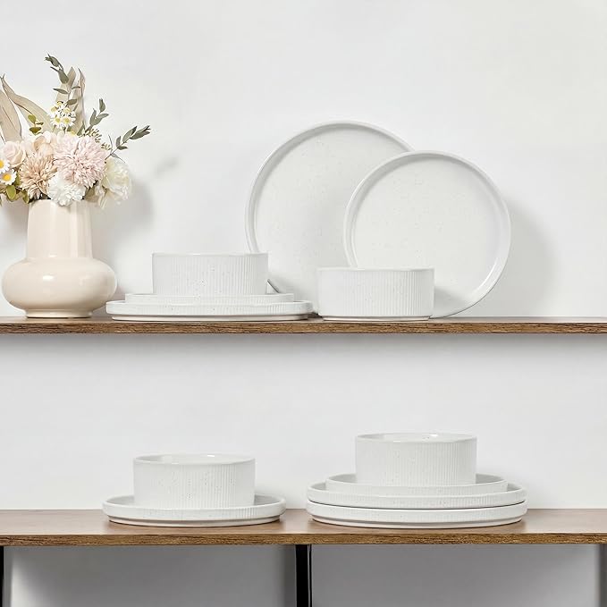 E-far Stoneware Dinnerware Sets for 2, 6-Piece Plates and Bowls Sets, Chip & Scratch Resistant Ribbed Dish Set for Home Restaurant, Microwave & Dishwasher Safe, Speckled White
