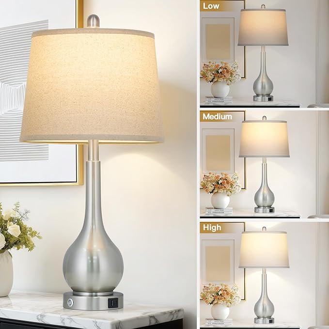 26" Silver Table Lamp for Bedroom, Touch Control Bedside Lamp for Nightstand with Charging Port, 3-Way Dimmable End Table Lamp for Living Room (1 Pack)
