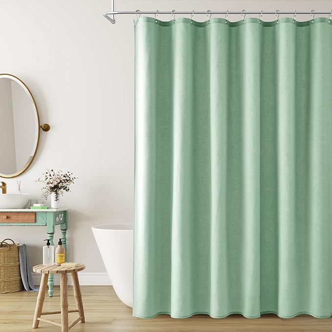 Naturoom Aqua Green Linen Shower Curtain, Country Boho Farmhouse Bath Decor Shower Curtains Neutral Cloth Weighted Textured Fabric Bath Curtain Liner with Hooks, 72x80