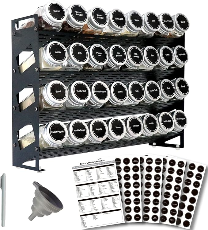4 Tier Spice Rack Organizer with 32 Square Spice Jars and 160 Spice Labels Set for Kitchen Cabinet Countertop Pantry or Wall Mount, Matte Black