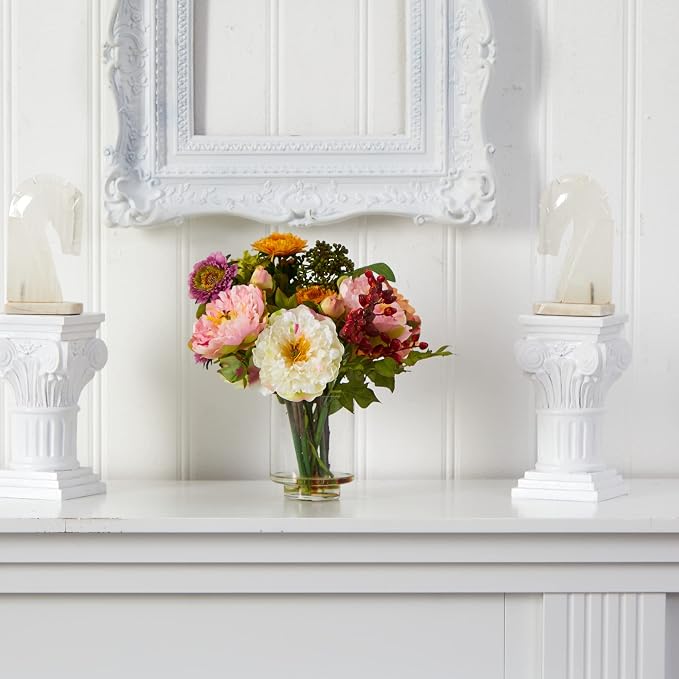 Nearly Natural Mini Artificial Peony Floral Arrangement, Faux Flowers for Table Shelf Decor, Assorted Colors