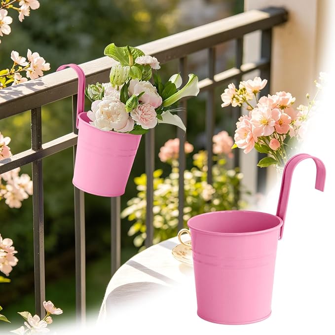 Hanging Flower Pots For Railings, Hanging Galvanized Metal Flower Pot with Hook, Tinplate Hanging Buckets for Garden Balcony Flowers, Colorful Planter for Flowers Grasses and Succulents (Pink)