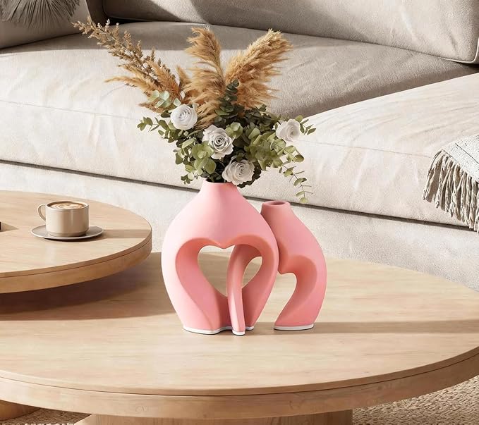 Zormon Pink Heart Shaped Ceramic Vases Set of 2, Modern Nordic Minimalist Flower Vases for Home Decor, Hollow Aesthetic Vases for Living Room, Shelf, Table, Office and Wedding Centerpieces