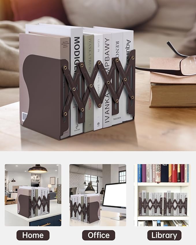 Honagu Adjustable Bookends, Metal Book Ends for Shelves Heavy Book, Desk Magazine File Organizer for Home, Office, Books, Papers, Extends up to 19 inches, for Students,Teachers (Brown)