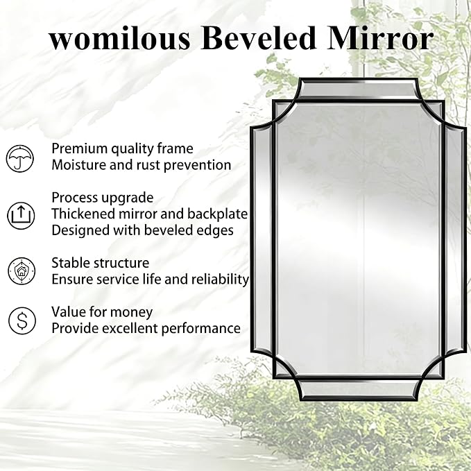 Geometric Beveled Mirror, 30" x 20" Art Deco Mirror with Wood Frame, Ornate Rectangle Accent Wall Mirror for Bathroom, Entryway, Hallway, Living Room, Bedroom, Horizontal or Vertical Hanging