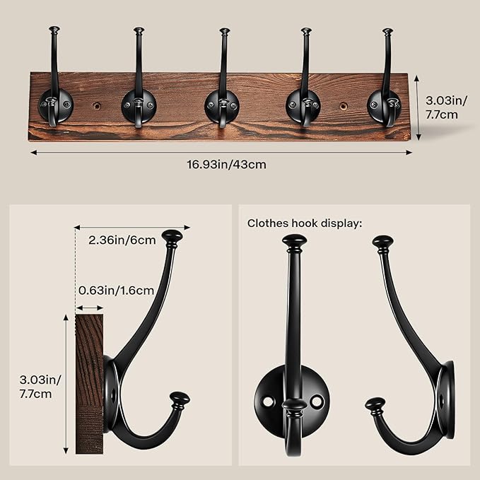 Wall Mounted Coat Rack, Natural Wood Floating Shelf with 5 Heavy Duty Black Metal Hooks, Multi-Purpose Hat, Key, Towel, and Bag Hanger for Entryway, Bathroom, Bedroom, Mudroom