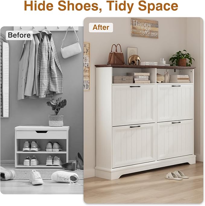 Shoe Storage Cabinet with 4 Flip Drawers, Farmhouse Modern Hidden Shoes Rack Cabinet with Adjustable Shelves & Open Storage, Narrow Slim Shoe Organizer for Front Door Entrance, Entryway, Antique White