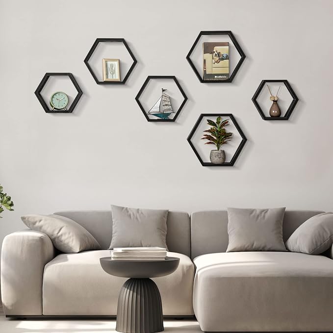 CADUKE Hexagonal Floating Shelves Set of 6 Hexagon Sheves Wall Mount Wood Storage Honeycomb Shelf Farmhouse Wall Decor Shelves for Bedroom Living Room, Black