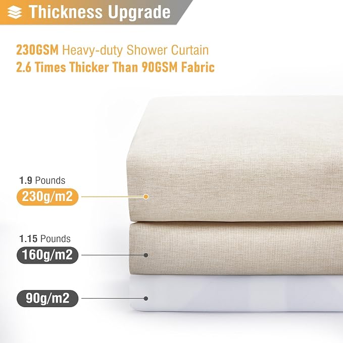 BTTN Extra Long Fabric Shower Curtain - 72 x 90 Inch Linen Textured Heavy Duty Cloth Shower Curtain Set with 12 Plastic Hooks, Large Hotel Luxury Polyester Shower Curtains for Bathroom, Beige/Cream