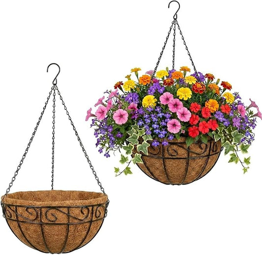 2 Pack Hanging Baskets for Plants Outdoor 14 Inch Metal Hanging Planters with Coco Coir Liner, Round Hanging Flower Pots for Home Garden Patio Balcony Porch