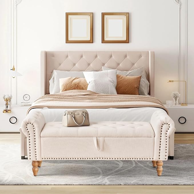 Furniliving 51” Storage Benches, End of Bed Bench with Button-Tufted Large Upholstered Storage Ottoman Linen Window Bench with Storage Shoe Cabinet Bench, for Bedroom, Entryway, Closet, Beige