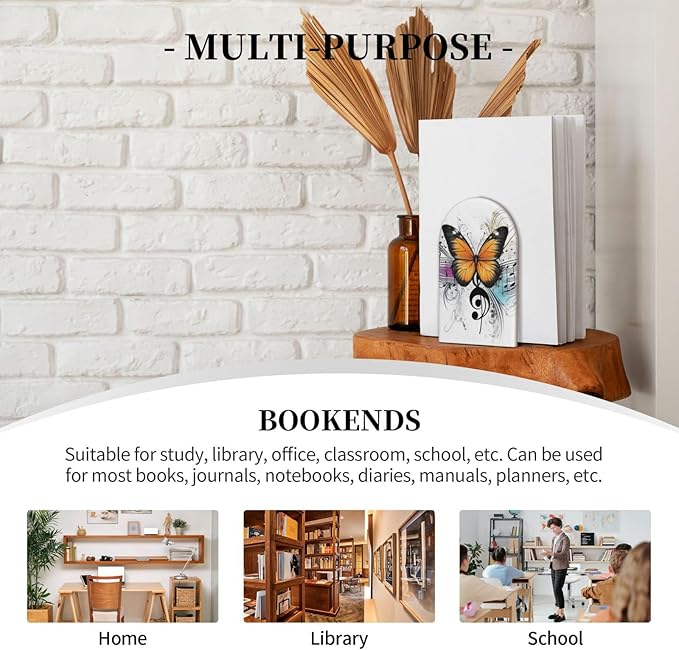 Yellow Butterfly Musical Note Vector Illustration Wood Book Ends for Shelves, Non-Skid Bookends for Office, Library, and Home Decor, 1 Pair
