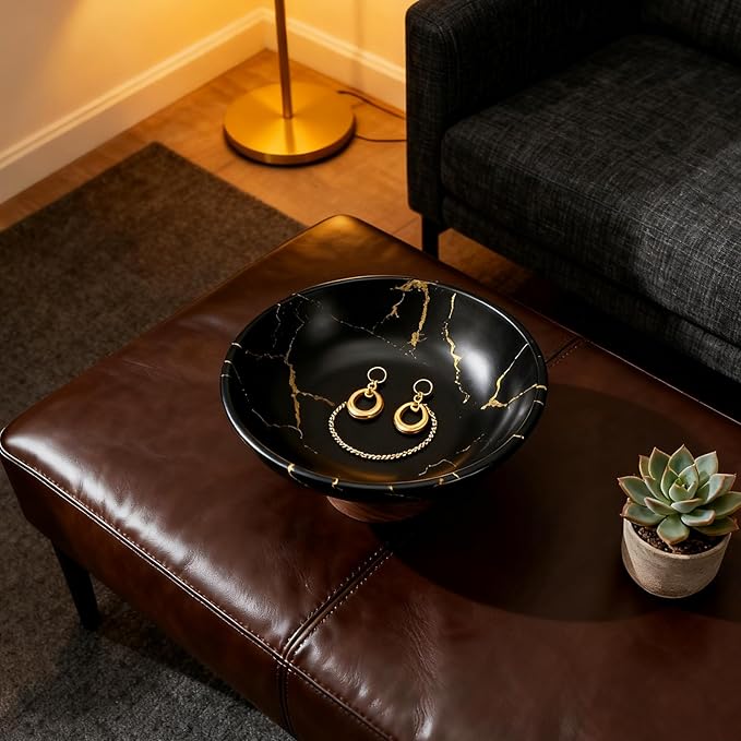 Black Marble Texture Decorative Bowl with Wood Base – 11" Modern Pedestal Fruit Bowl for Dining Table, Kitchen or Entryway Décor