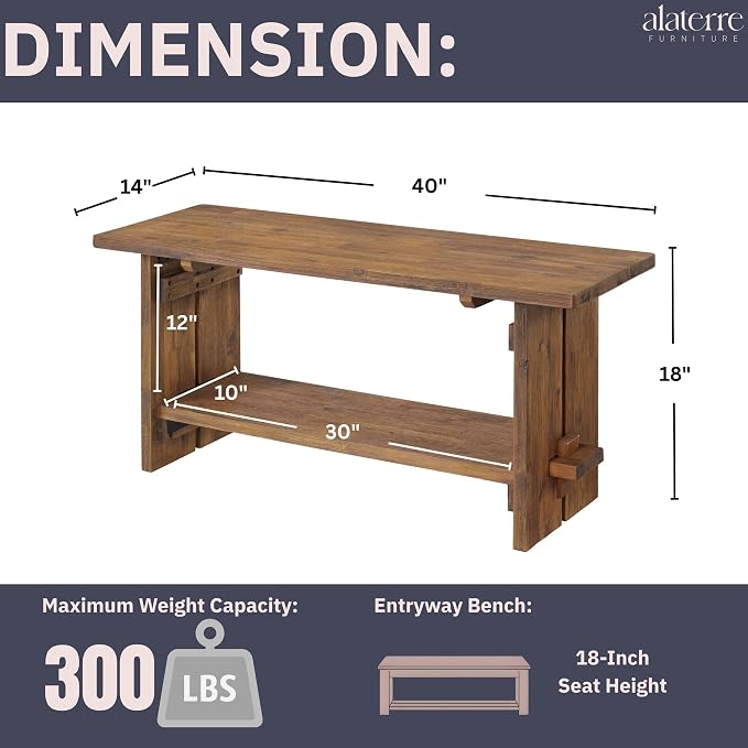 Alaterre Furniture Bethel Entryway Bench with Storage Shelf – Rustic Farmhouse 40-Inch Solid Acacia Wood Seat for Mudroom, Foyer or Hallway (Natural Aged Brown)