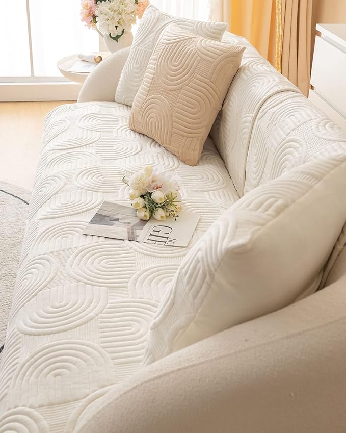 Soft Plush Geometric Quilted Couch Sofa Cover Boho Non Slip Fuzzy Sectional Couch Cover Solid Color Washable Sofa Slipcover Furniture Protector for Kids Dogs Cats (Ivory,36"x47")