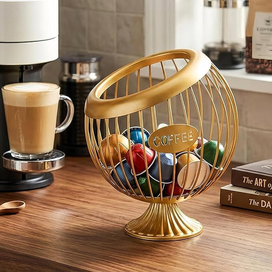 SpaceTime Coffee Pod Holder with Slanted Wide-Open Design,Large Capacity Metal Iron Coffee Capsule Organizer for Countertop,Coffee Pod Basket for Standard Coffee Pods Fruit Snack Storage (Gold)