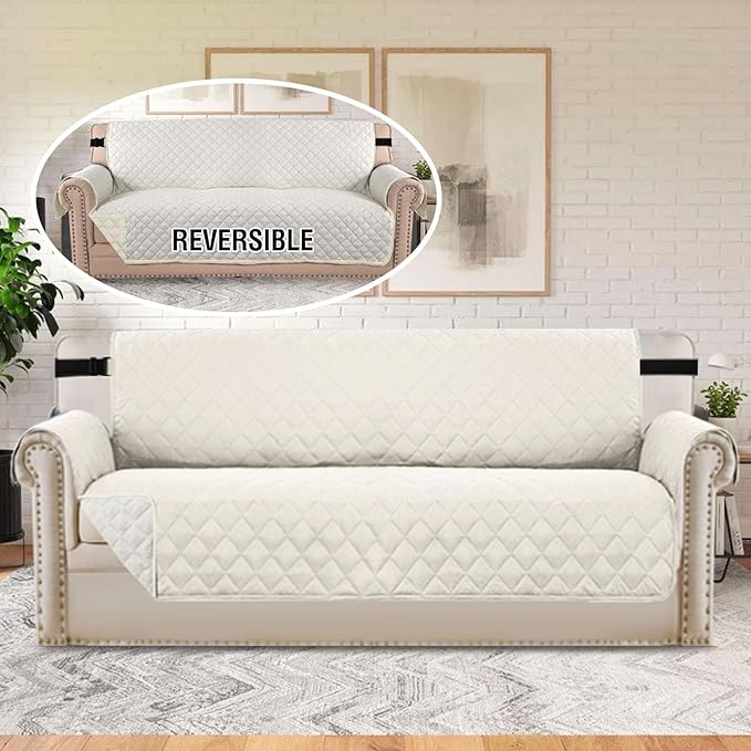 H.VERSAILTEX Reversible Sofa Cover Couch Cover for 3 Cushion Couch Water Resistant Sofa Cover for Living Room Quilted Furniture Couch Cover Washable Couch Protector(Oversized Sofa, Ivory/Beige)