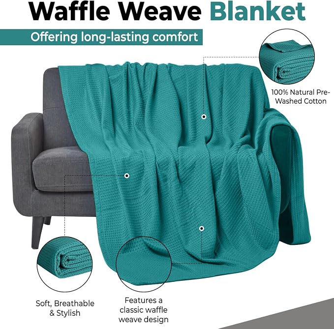 100% Cotton Blankets for Bed - Waffle Weave Blankets for Summer, Lightweight and Breathable Soft Woven Blanket for Spring (Teal, King (90" x 108"))