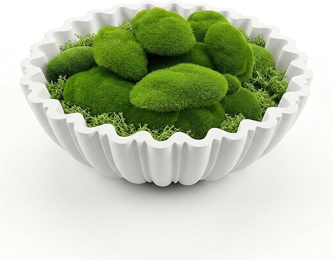 Decorative Bowl Set for Home Decor, 10.6" Large White Scalloped Fruit Bowl for Coffee Table, Entryway Table, Kitchen Counter, Includes 10 Artificial Moss Rocks and Decorative Moss