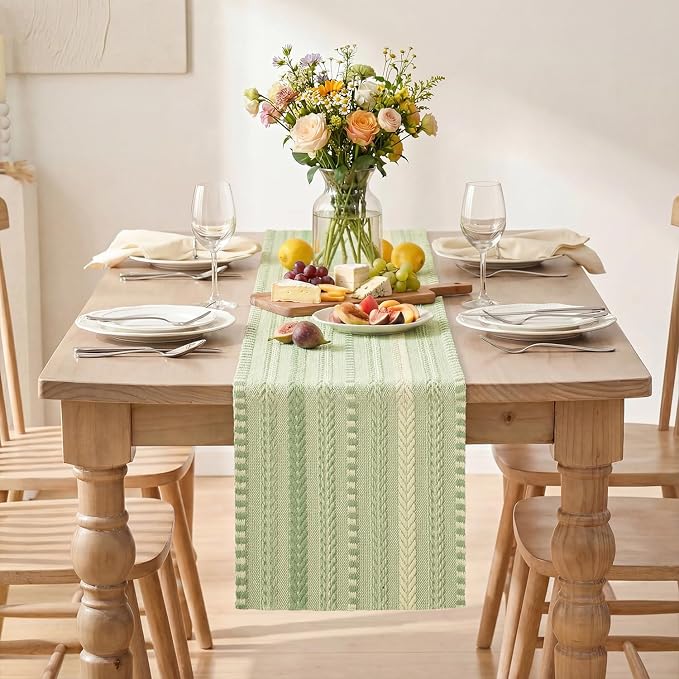 Artoid Mode Sage Green Farmhouse Woven Table Runner, Seasonal Holiday Rustic Kitchen Dining Table Decoration for Home Party Decor 12x48 Inch