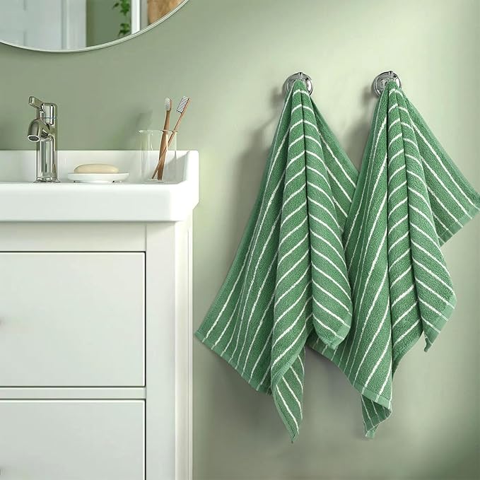 Jacquotha Hand Towels for Bathroom Green Striped - 2-Piece Premium Quick Drying Towels for Kitchen Spa Workout, Stylish Compact for Hand Face Hair, 14” x 29”