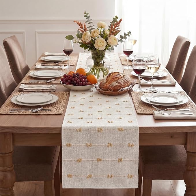 Artoid Mode Taupe Beige Boho Farmhouse Cotton Woven Table Runner, Seasonal Fall Kitchen Dining Table Decoration for Home Party Decor 12x90 Inch