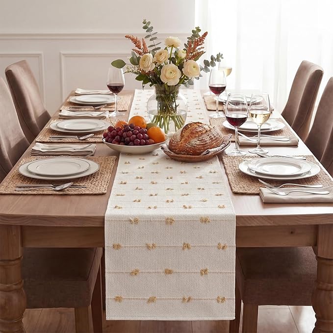 Artoid Mode Taupe Beige Boho Farmhouse Cotton Woven Table Runner, Seasonal Fall Kitchen Dining Table Decoration for Home Party Decor 12x36 Inch