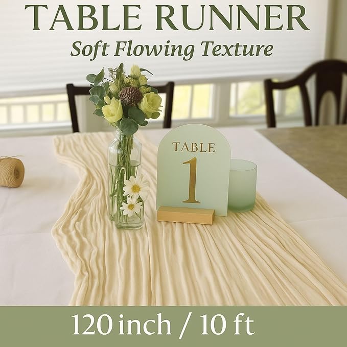 6 Pack Beige 10FT Cheesecloth Table Runner –120 Inch Soft Gauze Boho Table Runners for Baby Shower, Coastal Wedding, Modern Rustic Party Decor