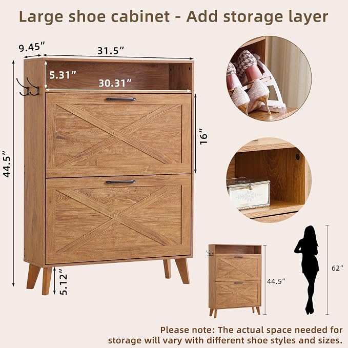 Joaxswe Shoe Cabinet Storage for Entryway with 2 Flip Drawers 2 Hook Open Storage Layer Rack Narrow Organizer Slim Hidden Wood Shoe Cabinet Furniture Tea Brown