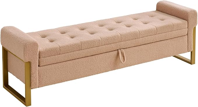 67" End of Bed Storage Bench King Size, Bench for Bedroom Foot of Bed, Upholstered Storage Ottoman with Gold Legs for Window Living Room, Teddy Camel