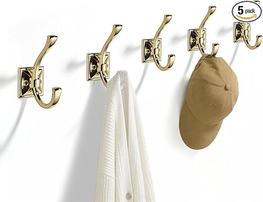 TUNNY 5 Pack Antique Design Wall Hanging Coat Hooks - Polished Gold Coat Hooks Towel Hook for Entry Shoe Cabinet, Wardrobe Bathroom Bedroom Furniture Hardware