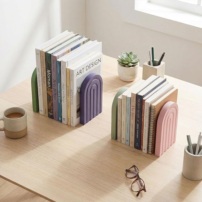 4 Pcs Boho Arch Wood Bookends Sage Green Rainbow Wooden Book Stands with Non-Slip Metal Base, Bookends for Shelves Heavy Books Back to School Home Office Study Desk Organizer