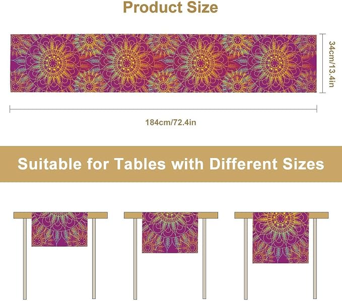 YCness Mandala Table Runner Abstract Colorful Modern Art Golden Purple Kitchen Dining Room Party Holiday Living Room Table Runner, 13x108 Inch