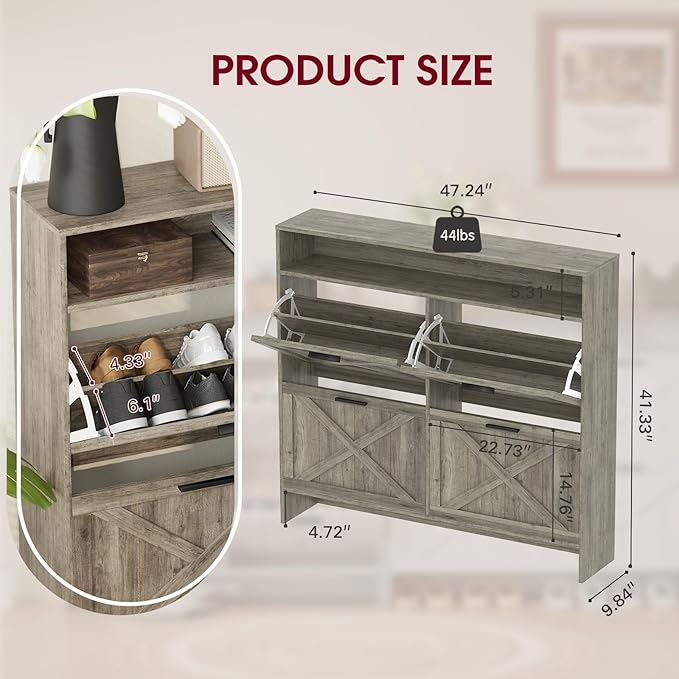 Wooden Shoe Cabinet with 4 Flip Drawers, Narrow Shoe Rack Organizer Cabinet for Classified Storage, Farmhouse Shoe Storage Cabinet for Entryway, Living Room (Grey)