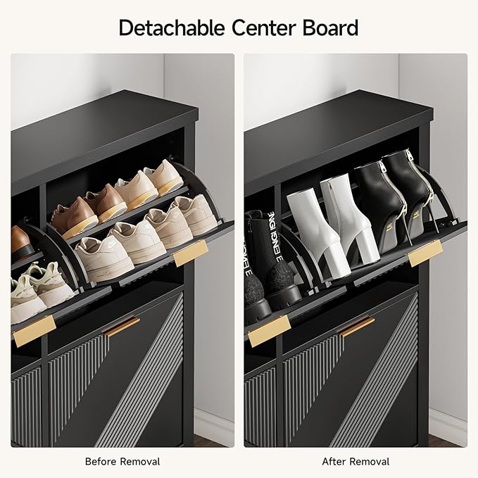 ONBRILL Shoe Cabinet with 4 Flip Drawers, 16-24 Pairs Shoe Organizer with Symmetric Groove Pattern, Freestanding Slim Hidden Shoe Storage Cabinet for Entryway, Hallway (Black)