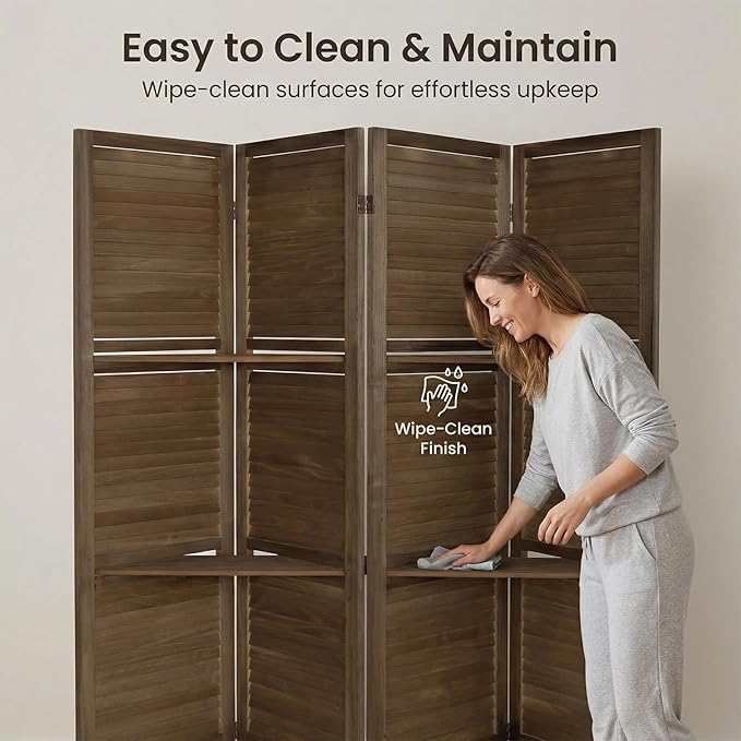 Bluecat 4 Panel Folding Room Divider with Shelves, Portable Lightweight Privacy Screen for Bedroom Home Office, No Assembly Required, Dark Brown