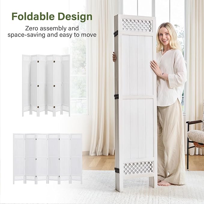 Privacy Screen Room Divider Panel - 67 Inch Tall Natural Wood Folding Partition Room Dividers, No-Assembly Required, Enhance Privacy and Aesthetic Appeal, Ideal for Home or Office White 6 Panel