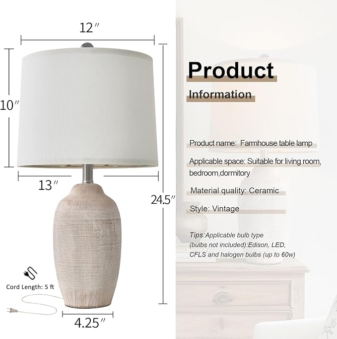 USumkky 24 inch Vintage Ceramic Table Lamp with 5FT Cord - Single Farmhouse Rustic Bedside Lamp with Natural Textured Finish, Nightstand Lamps for Living Room, Bedroom, End Table Beige