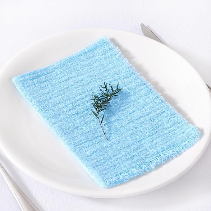 MLMC 6 Pack Baby Blue Cloth Napkins with Fringe Boho Linen Napkins Washable Reusable Rustic Dinner Table Decor 17"×17" for Wedding Party Bridal Baby Shower Gender Reveal Decor