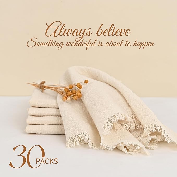 30 Packs Cotton Linen Napkins,Handmade Cloth Napkins Bulk with Fringe, Rustic Boho Napkins Cloth,Cloth Napkins for Romantic Wedding Party Event Dinner Birthday Table Decor(Beige,16 x 16 Inch)
