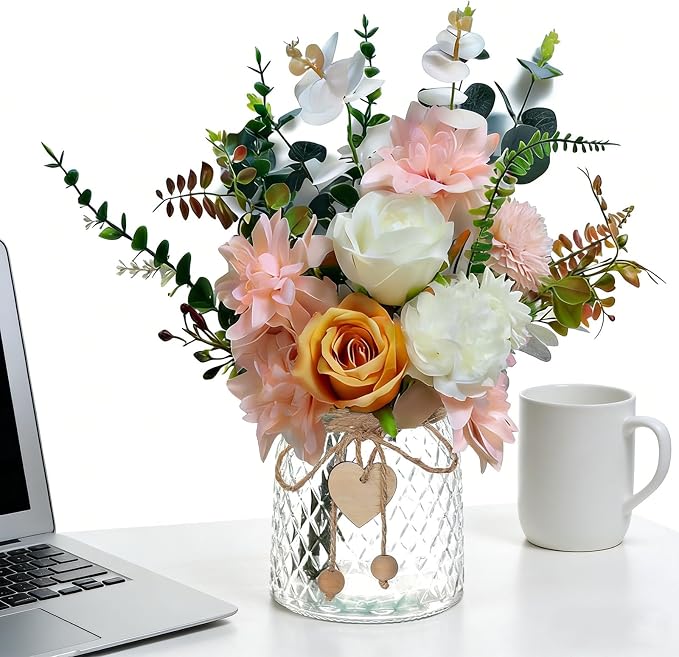 Faux Flowers in Vase, Silk Flower Arrangements Pompon Mums & Dahlia Artificial Flowers in Vase, Fake Flower Bouquet for Coffee Table Decor and Dining Table Decor