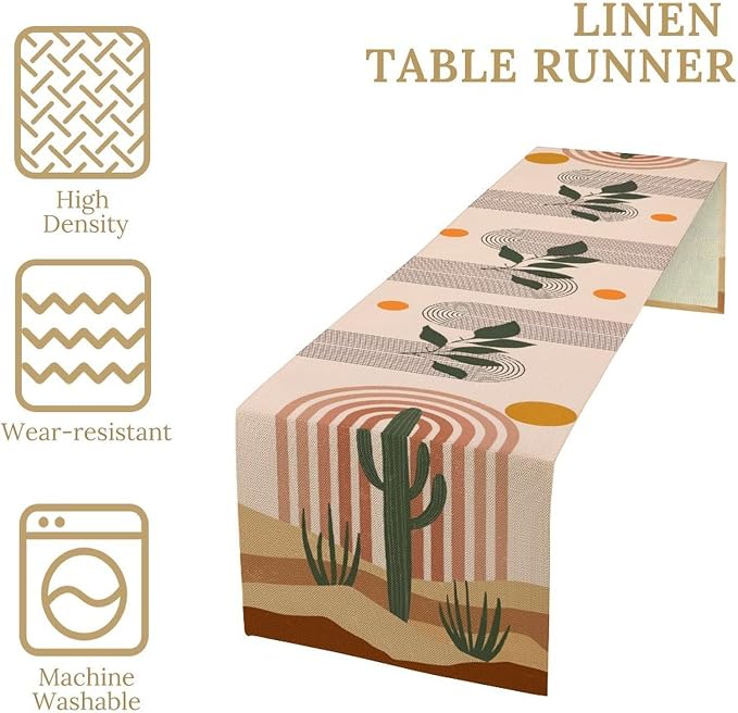 Mid Century Modern Table Runner, Boho Sun Tropical Desert Cactus Abstract Arch Print Table Runner for Kitchen Dining Home Party Birthday Decor, 13x60 Inch