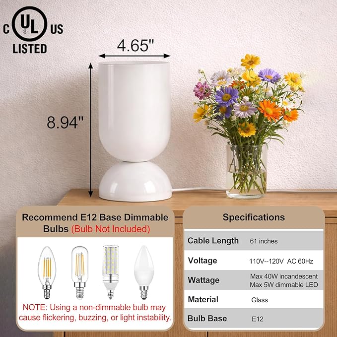 8.9" Modern Glass Table Lamp for Living Room, Dimmable Desk Lamps for Bedroom, UL Listed Nightstand Lamp with Dome Base, End Table Lamps for Home, Side Tables, College Dorm, Office, Glossy White